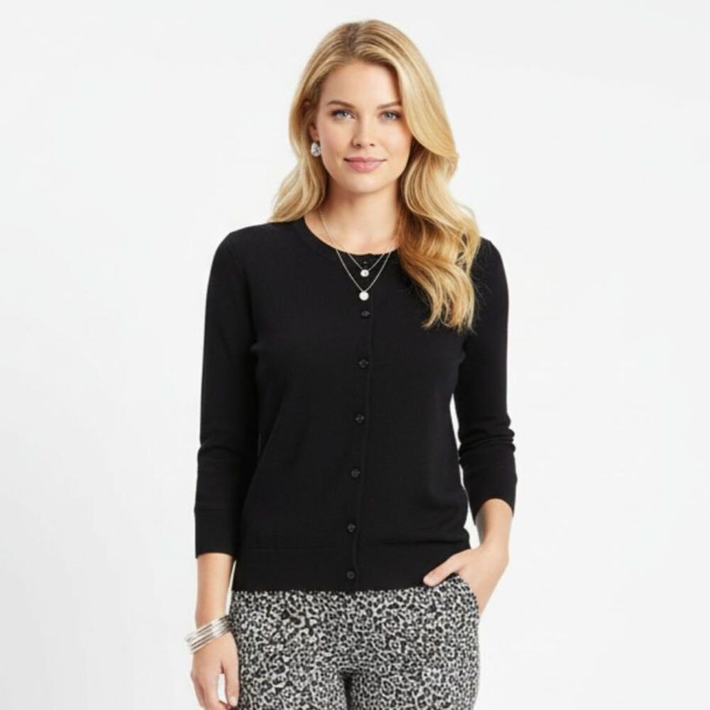 Talbots Black 3/4 Sleeve Button Up Cardigan Sweater NEW XS